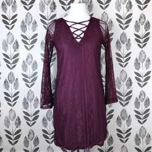Burgundy Bell Sleeve Lace Shift Dress